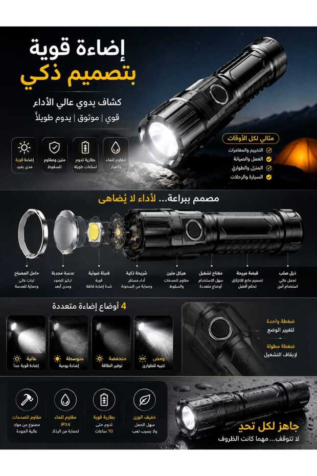 مصباح يدوي LED متعدد الوظائف بقوة 10 واط يعمل بالبطارية، كشاف محمول بمدى إضاءة 100-200 متر، هيكل من البلاستيك ABS مع عدسة أكريليك