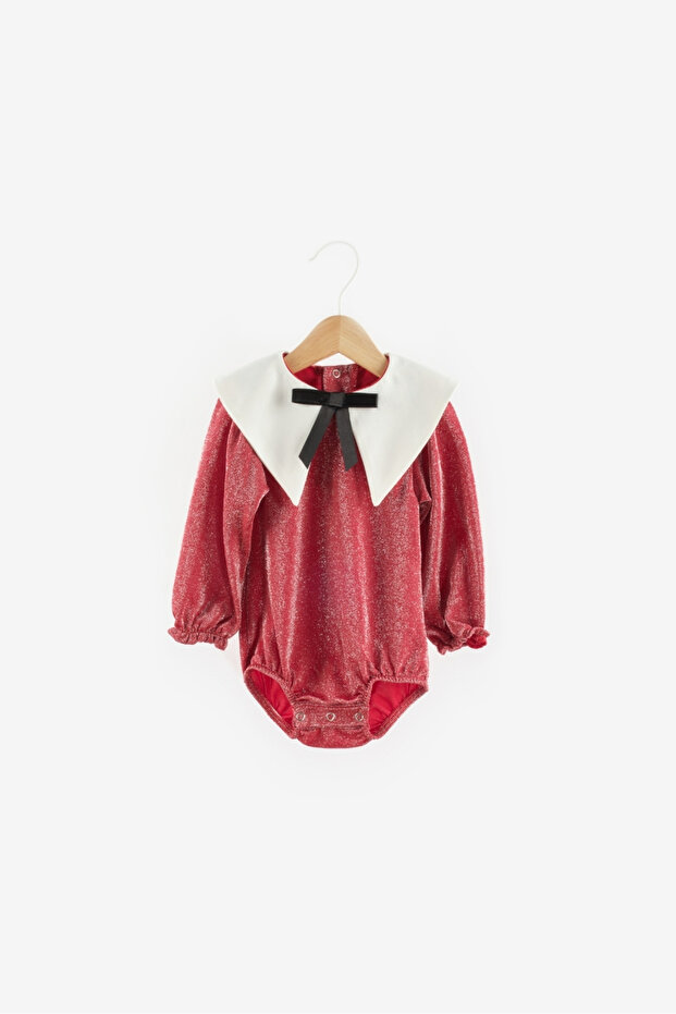 Red Collar Detailed Glitter Baby Girl Jumpsuit - Bailey