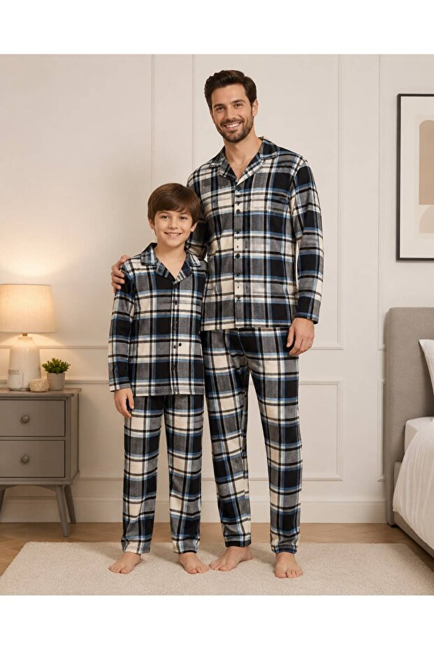Father-Son Boy Blue Plaid Pattern Winter Shirt Collar Buttoned Sleep Band Pajama Set Cotton Milan Fabric