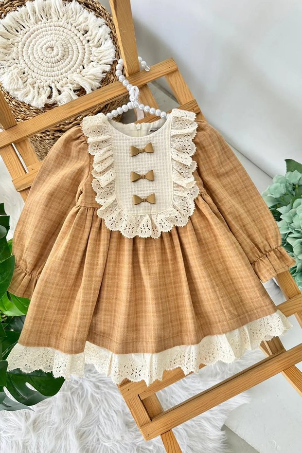 My Little One's Clothes (9-24 Months) Bow Detailed Scalloped Baby Girl Cotton Dress - Camel