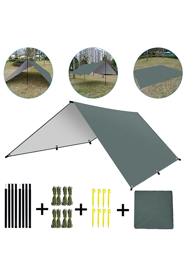 3*5M Grey Camping Tarp Waterproof Portable Tarp Multifunctional Outdoor Camping Traveling Awning Bac