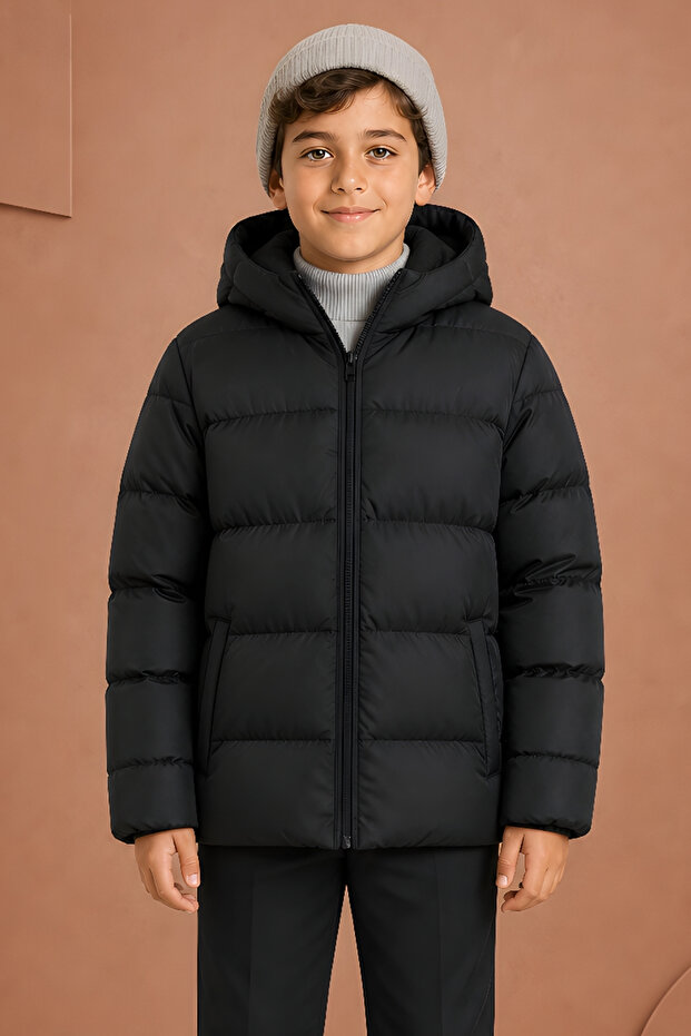 Boys' Black Fleece-Lined Hooded Waterproof Wind-Resistant Puffer Winter Coat & Jacket