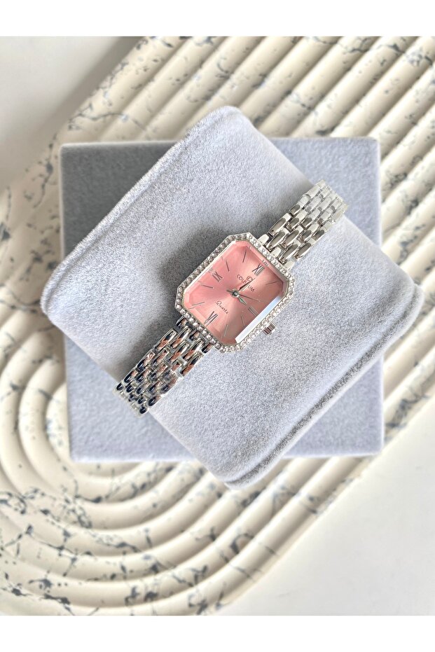 Boley Square Stone Frame Pink Dial Silver Women's Wristwatch
