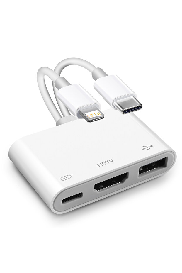 محول رقمي 2 في 3 من USBC/Lightning إلى HDMI مع كابل توصيل شاشة عالي الدقة وكاميرا USB OTG