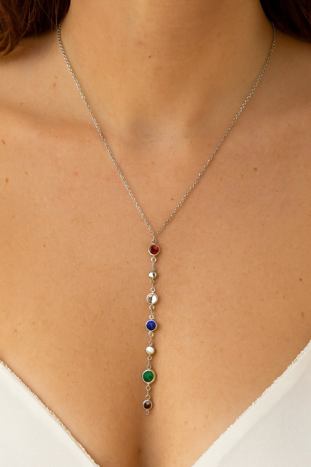 Y Women's Necklace with Colorful Stone Steel Silver Chain – Elegant and Stylish Design