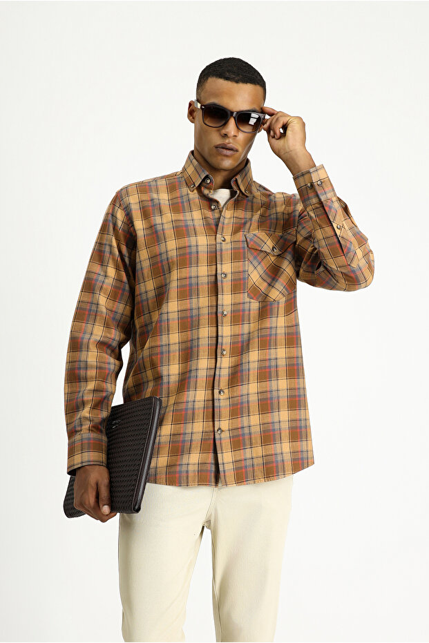 Long Sleeve Regular Fit Plaid Sports Cotton Button Collar Shirt