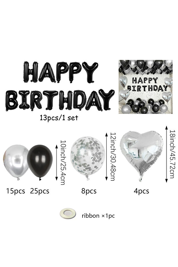 Other Black Silver Set Silver and black Happy Birthday balloon set, suitable for birthday party deco