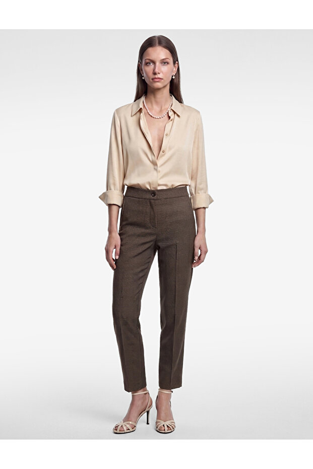 Viscose Blended Regular Fit Plaid Cigarette Trousers with Pockets