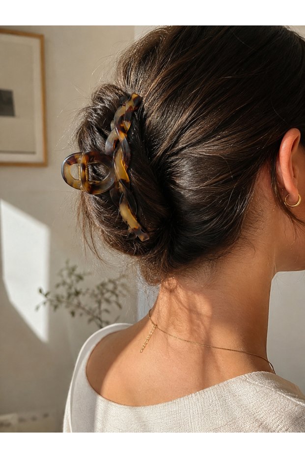 Patterned Hairpin Buckle Brown Hair Clip Strong Hold Large Size Women's Hair Clip