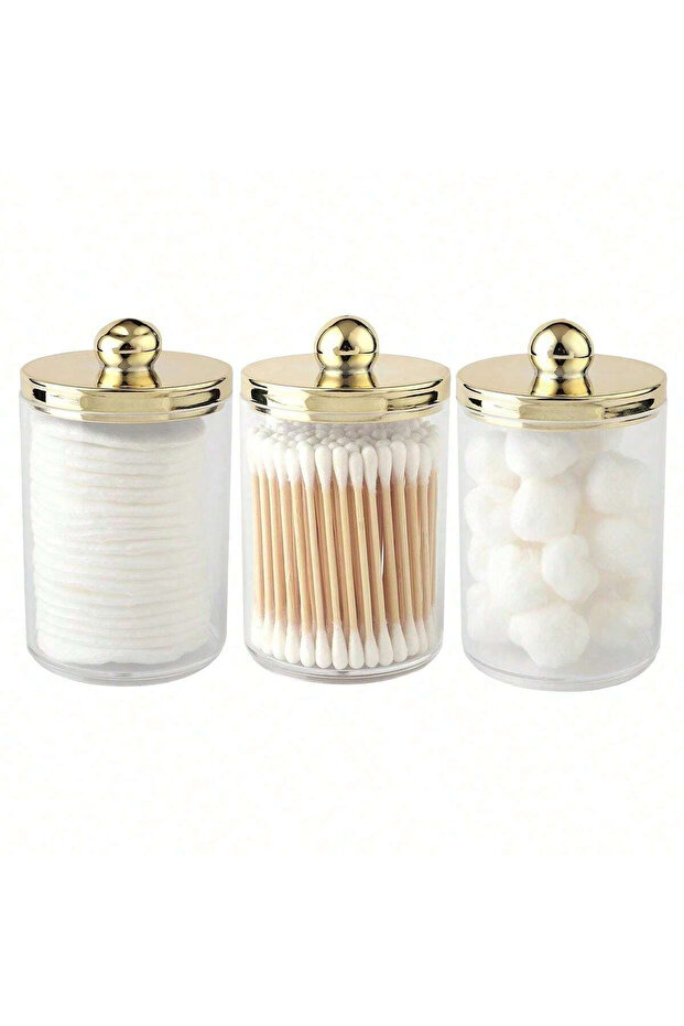 gold 3pcs Cotton Swab Ball Pad Holder, Plastic Organizer with Lid, 10 oz Cotton Swab Apothecary Jar,
