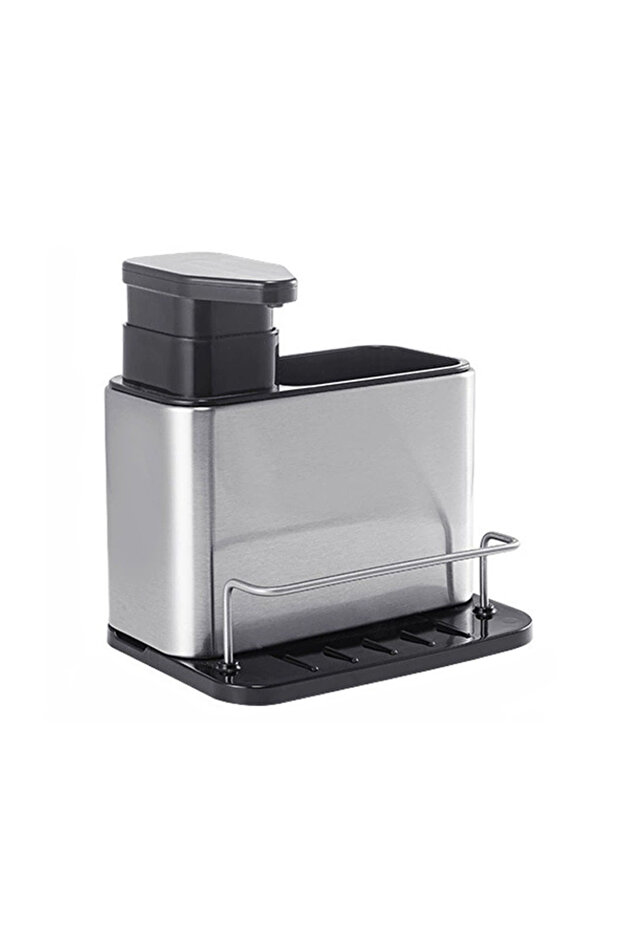 Silver 1pc Multi-Function Kitchen Sink Sponge Holder with Detergent Soap Dispenser Hand Soap Bottle