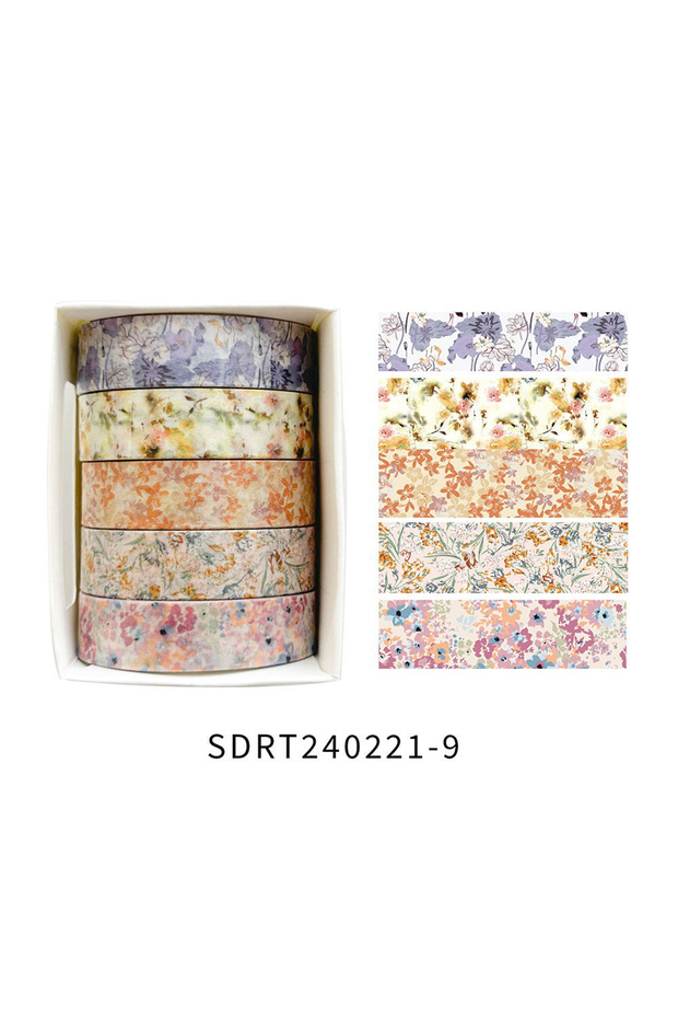 JDX-872 5 Rolls of Boxed Romantic Flower Handbook Tape, Cute DIY Fresh Decorative Washi Tape for Stu