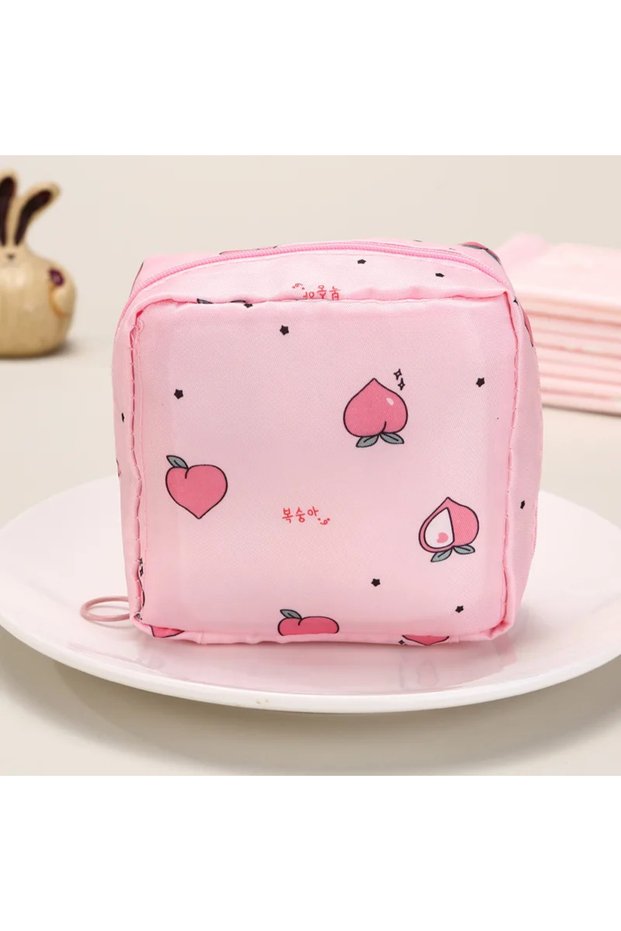 Peach Women Sanitary Napkin Tampon Storage Bag Portable Waterproof Organizer Pouch Cartoon Pattern S