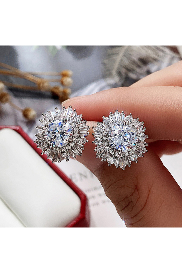 E1430 Huitan Eternity Cubic Zirconia Flower Stud Earrings for Women High Quality Wedding Accessories