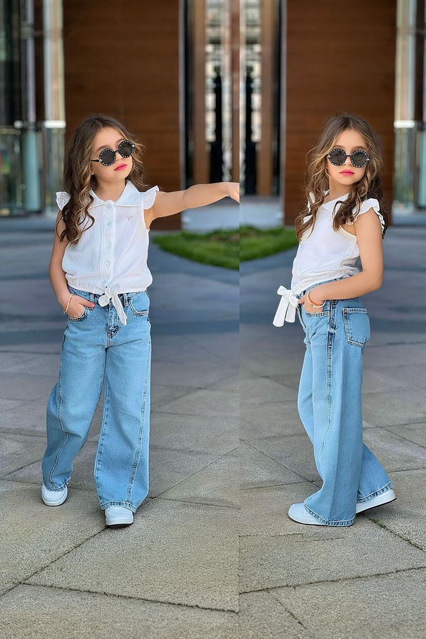 My Little Girl's Muslin Shirt and Jeans Set - Ecru