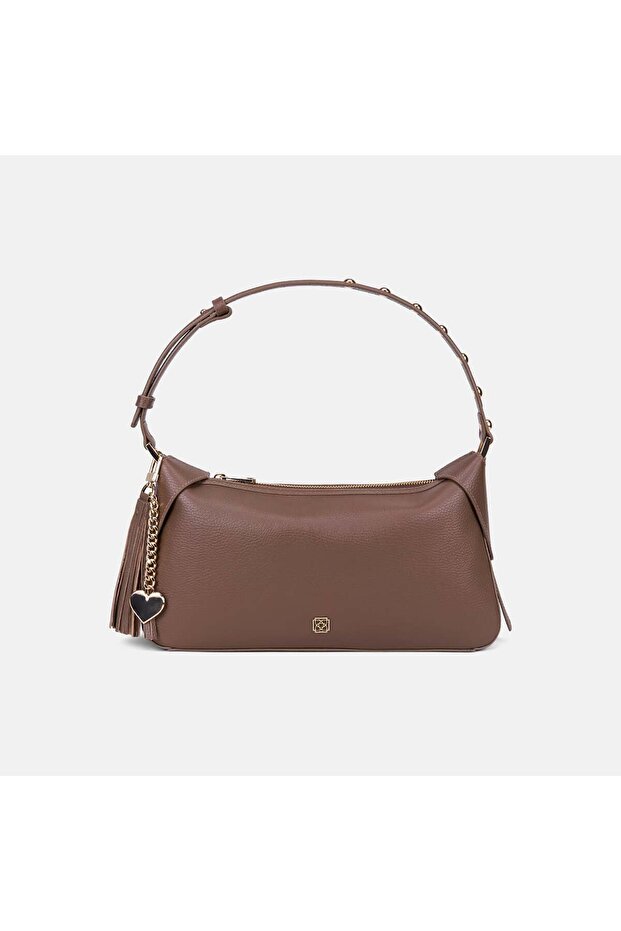 Women's Mink Leather Shoulder Bag with Staple Detail and Charm Accessories