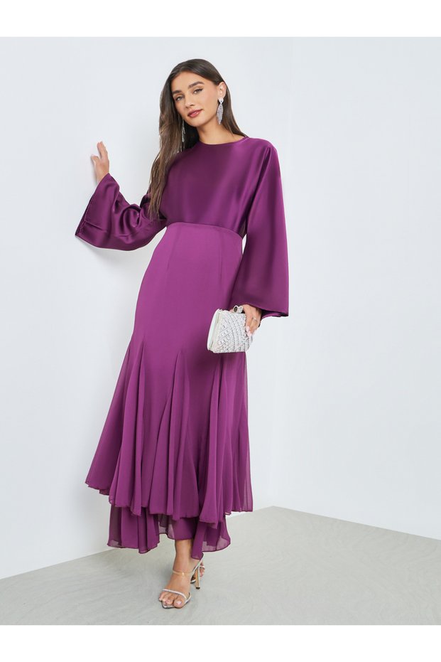 Purple Flute Sleeves Mermaid Hem Maxi Dress