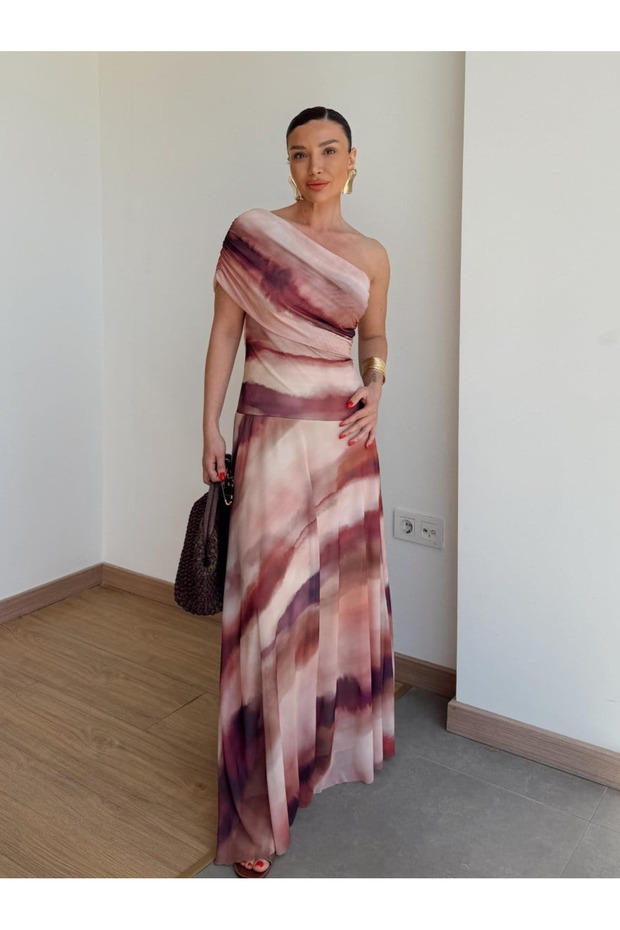 Pink Tie-Dye Patterned Single Sleeve Tulle Dress - 10610