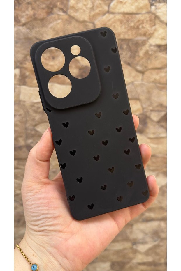 Infinix Hot 40 Compatible Mini Black Heart Patterned Silicone Shock Absorbing Classic Protected Rubber Case