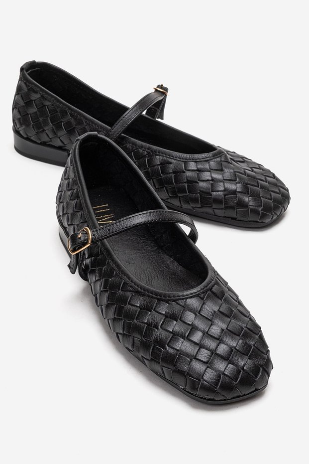 Yevora Black Knitted Genuine Leather Strap Women's Ballerina Shoes