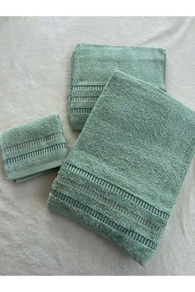 Water Green 3-Piece Cotton Towel Set – Bath & Hand & Face Towel Set – Soft Textured Dowry Set - Gift