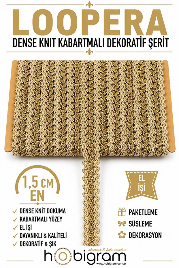 Gold Beige Loopera Dense Knit Embossed Decorative Ribbon – Premium Handcrafted Ornament 5 Meters