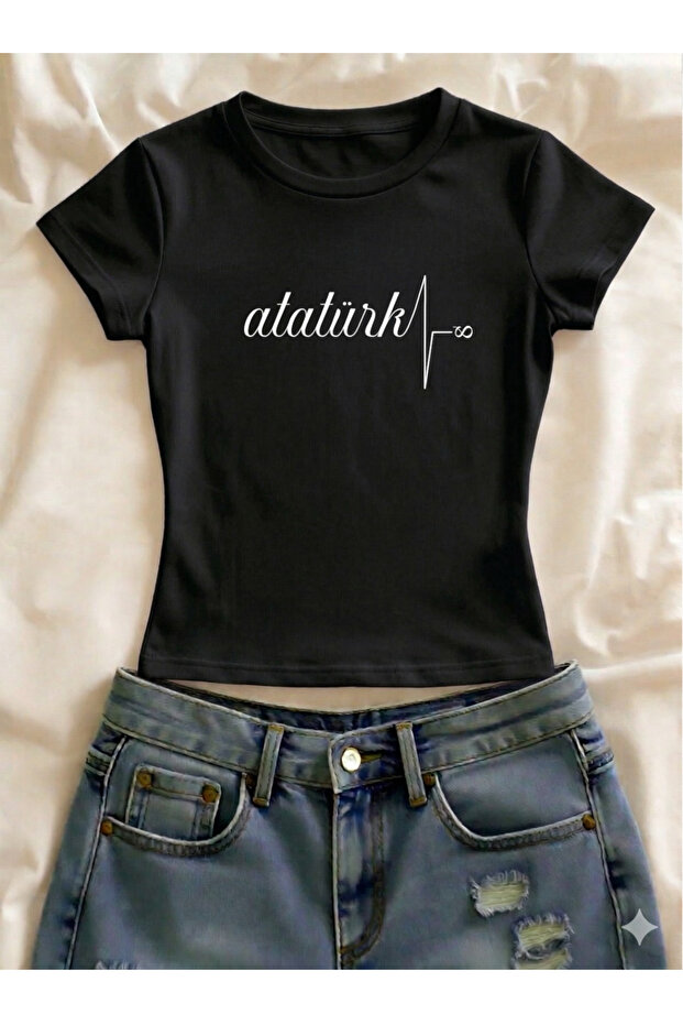 Ataturk Printed Lycra Slim Fit Short Sleeve Crew Neck Tee Crop