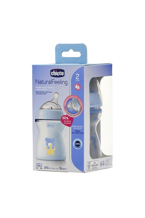Natural Feeling Anti-Colic Bottle 2 Months + 250 ml, Soft and Flexible Silicone Teat Feeding Bottle Suitable for Mixed Breastfeeding Medium Flow Blue