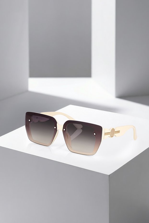 Uv400 Protection Cream Color Gold Detailed Square Frame Women's Sunglasses Plg-2130C5