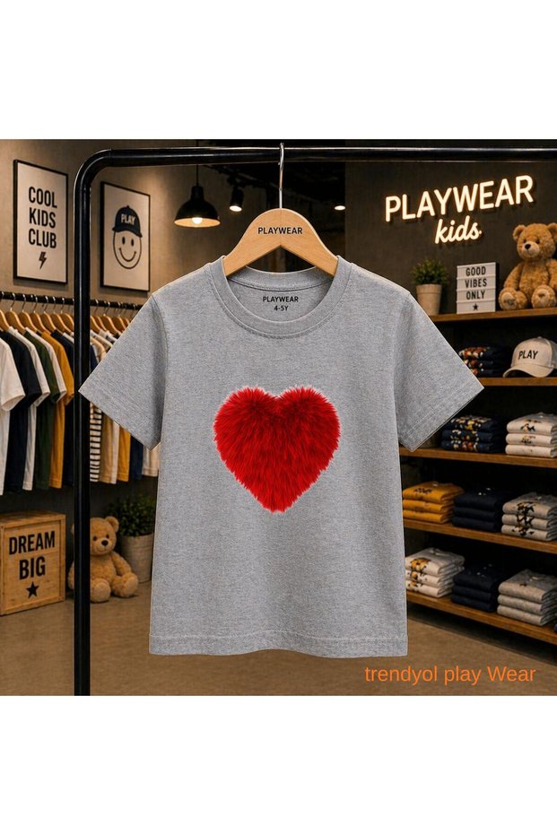 Red Pufuduk Heart Printed 100% Children's Unisex T-Shirt 5 6 -7 8-9 10 -11 12 Years Old