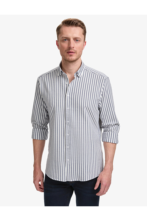Navy Blue Regular Fit Striped Long Sleeve Shirt 50320859-Vr033