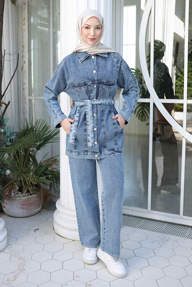 Blue Stone Detailed Pocketed Jacket and Trousers Denim Set