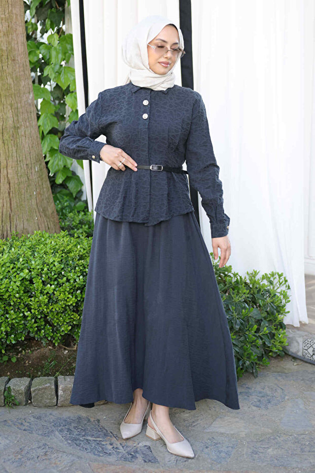 Anthracite Patterned Modal Shirt and Skirt Set