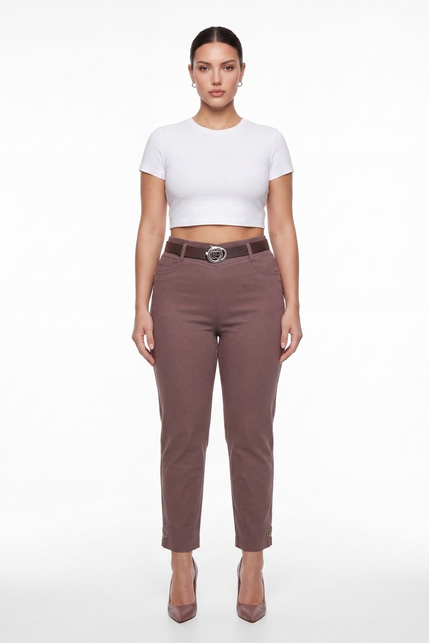 Women's Brown Summer Slim Trousers with Belt and Embroidery Detail