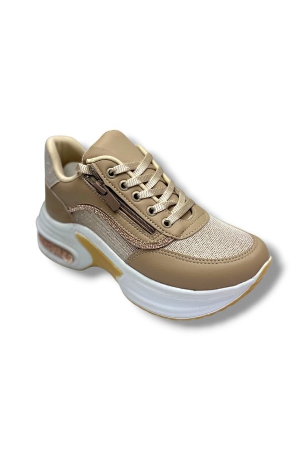 1511-26 Skin Leather Glittery Striped Anatomical Lace-Up Women's Sneaker Beige White