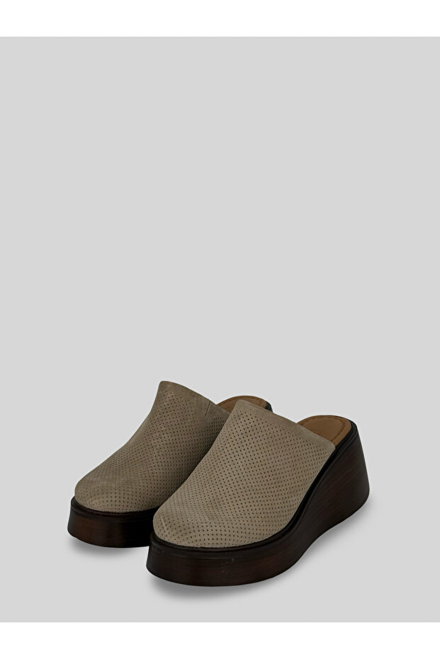 Azmyra Women's Suede Hole Patterned Round Toe Wooden Wedge Heel Slippers 7 cm