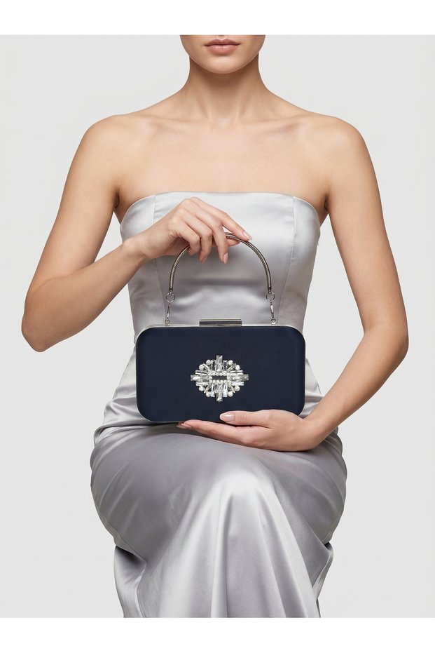 Navy Blue Color Z.A.R.A. Satin Crystal Stone Embroidered Chain Women's Evening Dress Bag Wedding Engagement Graduation