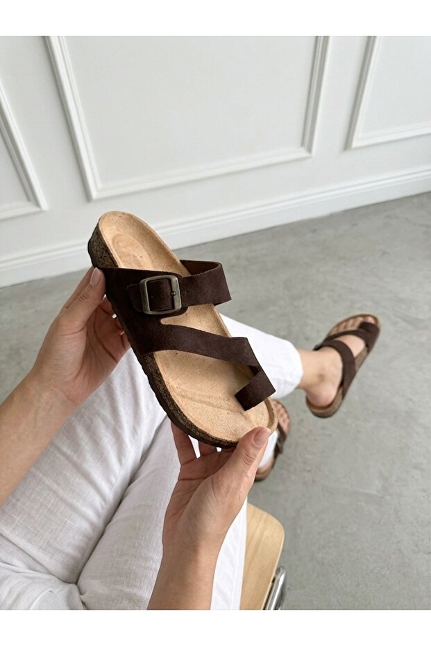 Women's Men's Genuine Suede Leather Orthopedic Cork Sole Flip Flops Brown