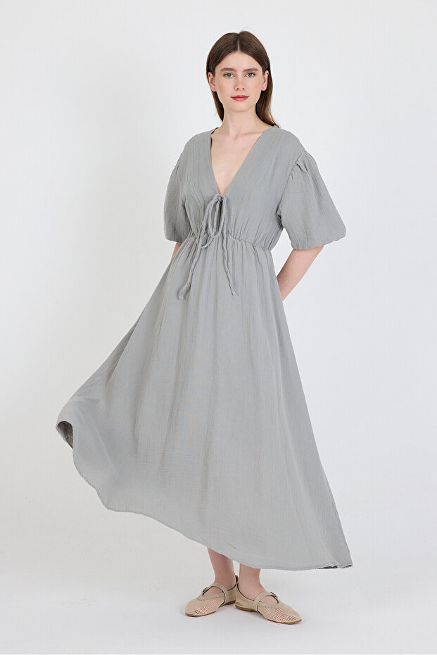 100% Cotton Midi Dress with Front Tie Detail