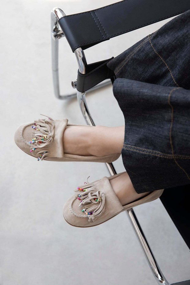 Alore Women's Tassel Detail Genuine Leather Suede Ballerinas Beige