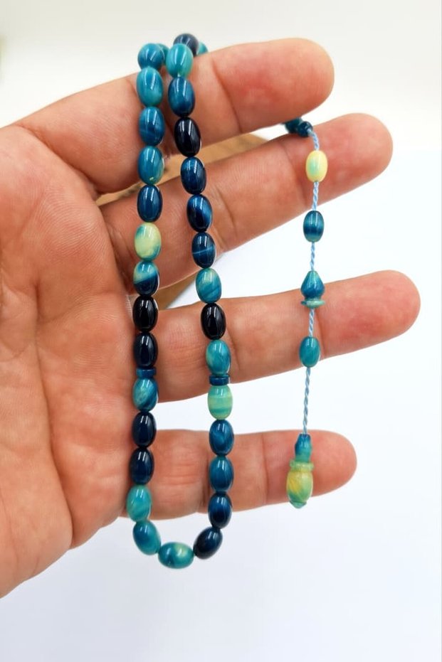 Sıkma Kehribar 33-Piece Rosary – Ringed Imame, Blue Hareli Color Barley Cut, Special Craftsmanship Collectible Rosary