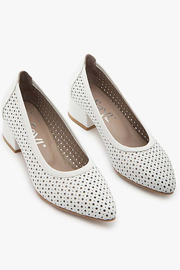 White Genuine Leather Perforated Women's Low Heel Shoes