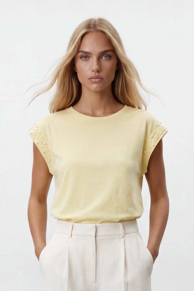 Butter Yellow Crew Neck Pearl Embellished Sleeveless Blouse Alc-X13522