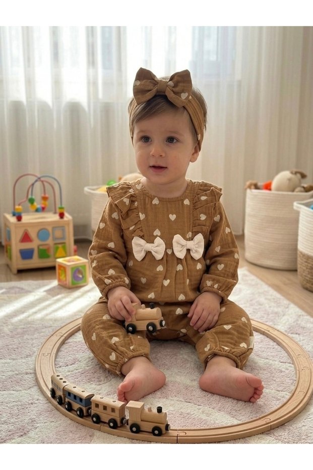 Girl's Baby Muslin Fabric Heart Detail Jumpsuit