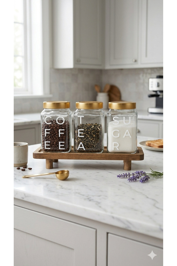 Set of 3 1000 ml Glass Jars with Gold Lids and Wooden Stand – Coffee, Tea, Sugar Storage Container