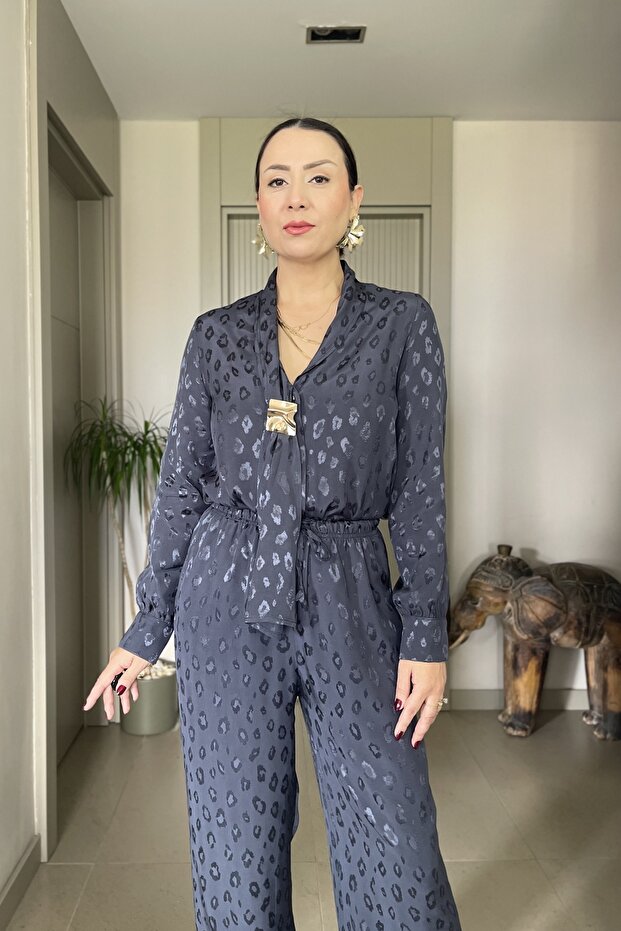Leopard Patterned Satin Blouse and Scarf Pants Set with Gold Accessories