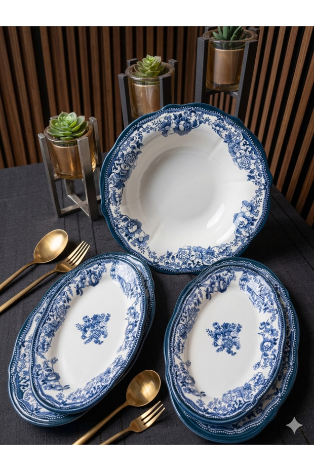 5 Piece Velour Navy Salad Boat Set Porcelain