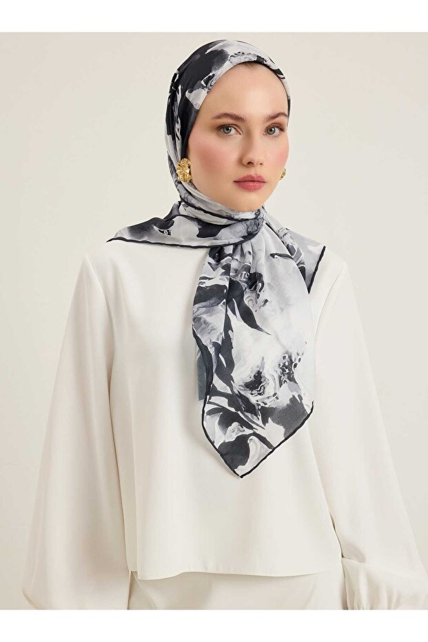 Gray Floral Patterned Soft Scarf - - 1