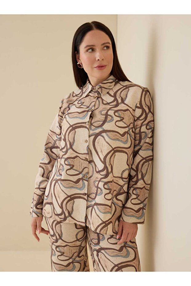 Abstract Patterned Shirt & Trousers Plus Size Set - Brown Abstract Pattern - - 3