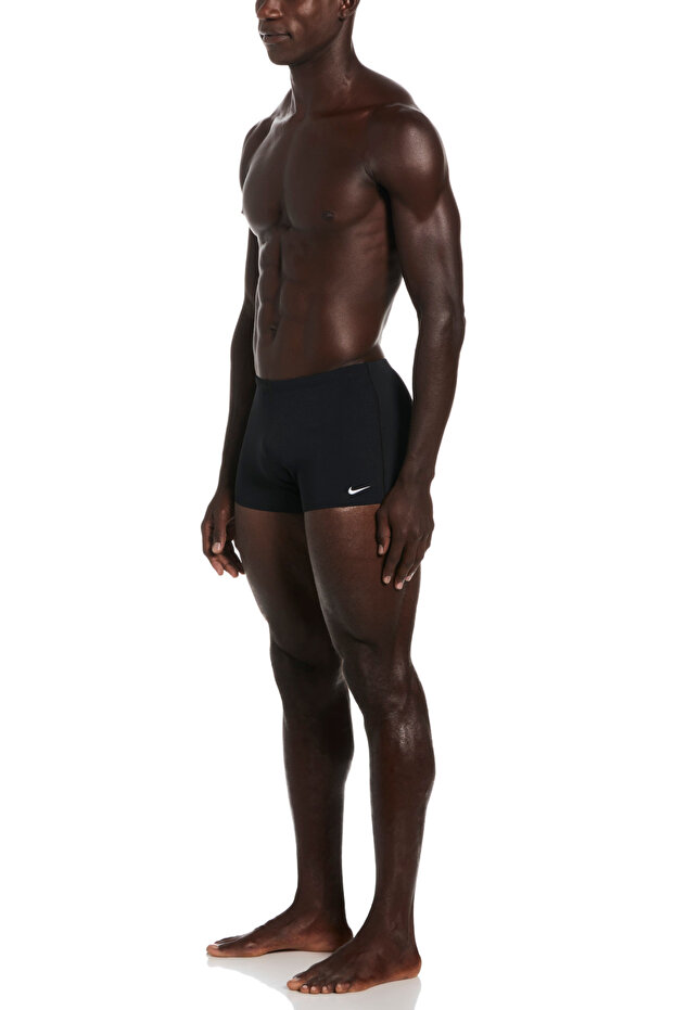 White Swoosh Logo Hydrastrong Solid Square Leg Men's Black Swim Trunks - 1